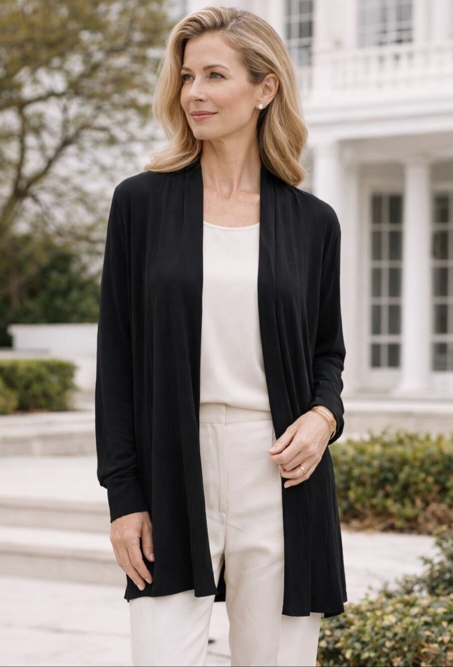 Eileen Fisher Black Silk Blend Open Front Long Cardigan Sweater Petite Small